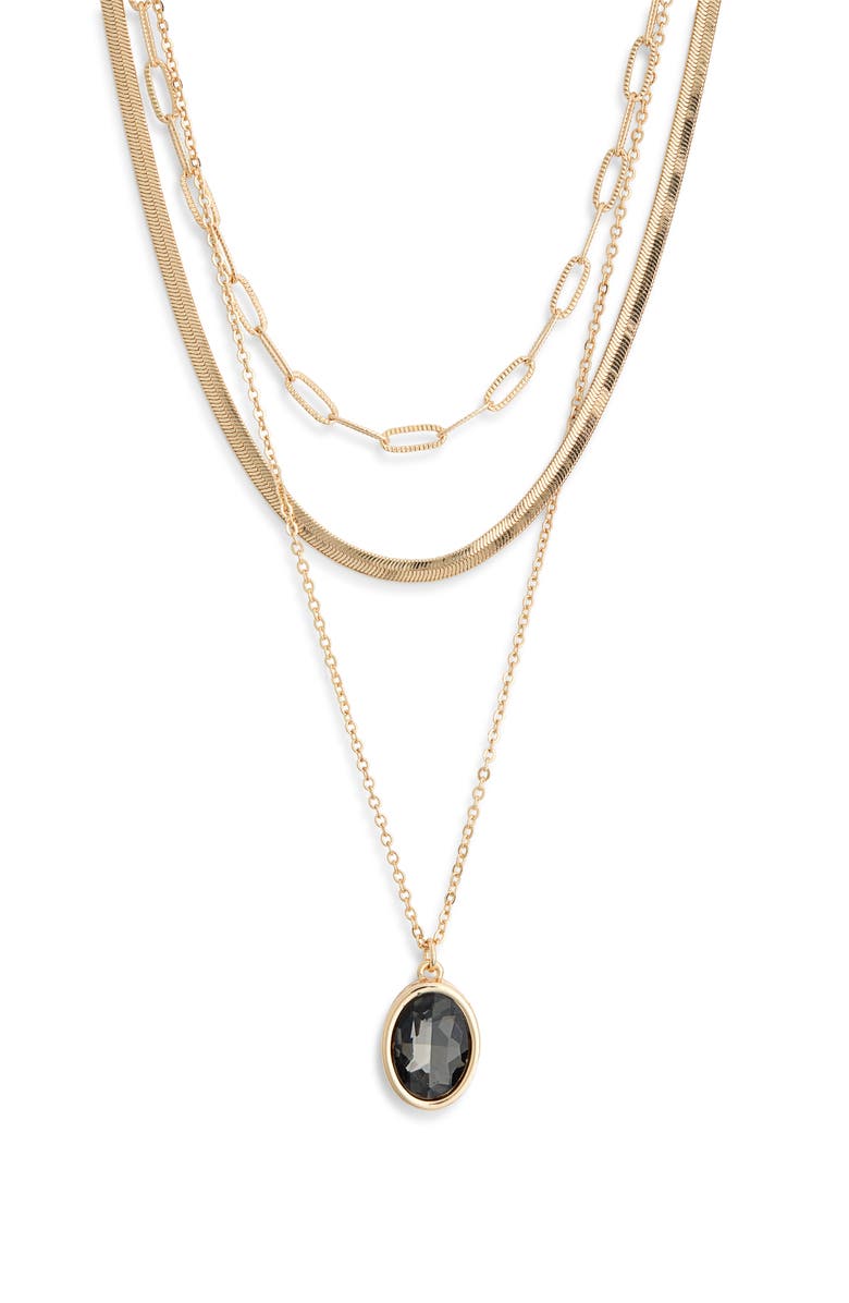 NORDSTROM RACK Oval Crystal Pendant Triple Row Necklace, Main, color, Grey- Gold