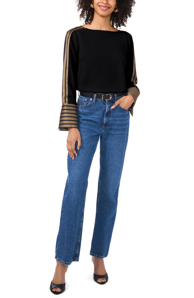 Vince Camuto Stripe Accent Boat Neck Top, Alternate, color, Rich Black