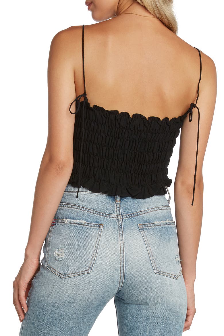 Smocked Linen Blend Crop Camisole, Alternate, color, BLACK