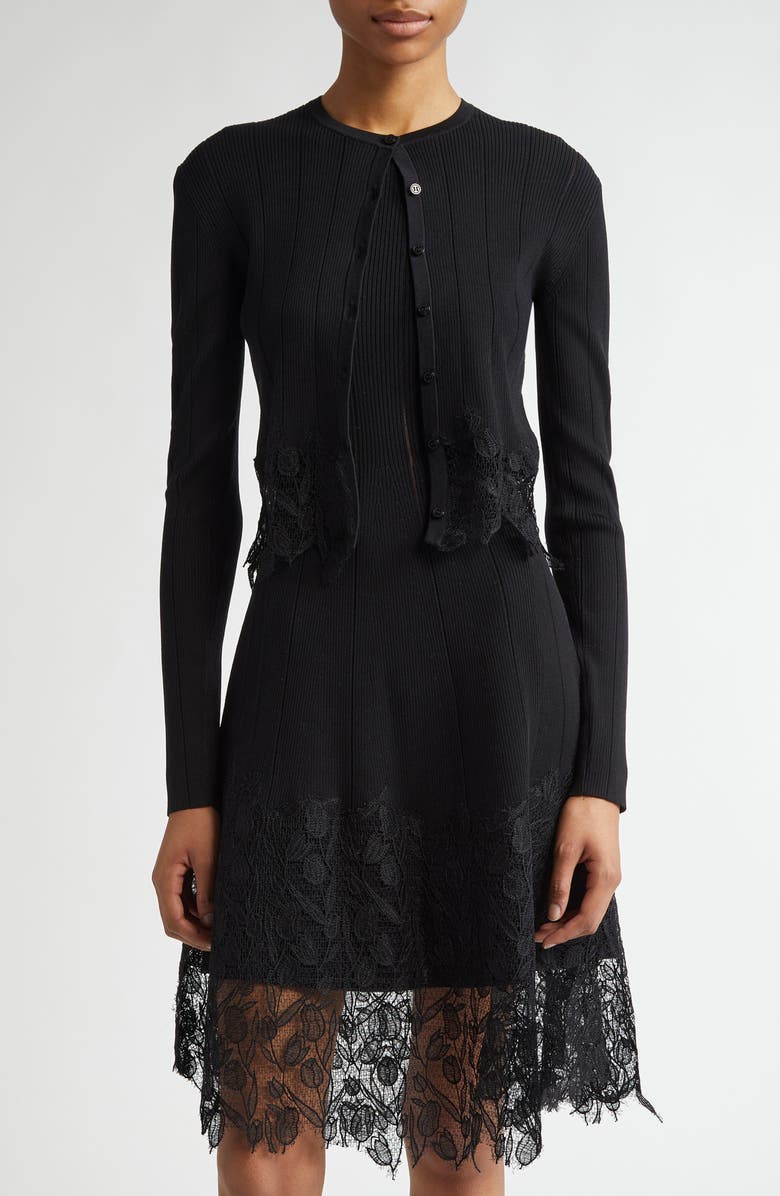 Lela Rose Guipure Lace Trim Rib Cardigan, Main, color, 