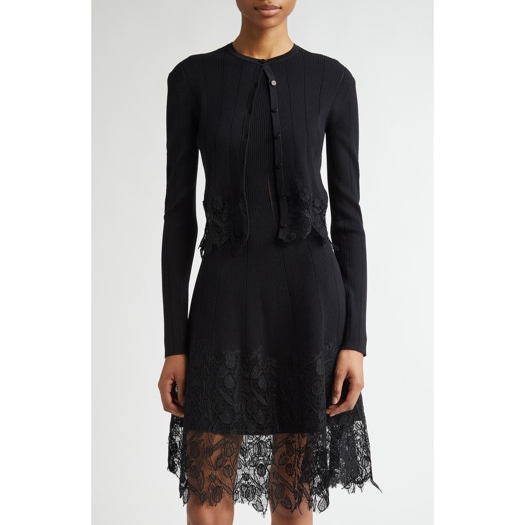 Lela Rose Guipure Lace Trim Rib Cardigan In Black