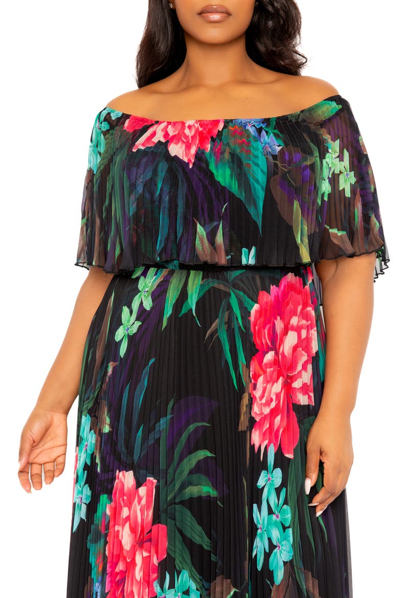 Floral Pleated Off the Shoulder Maxi Dress, Alternate, color, BLACK MULTI