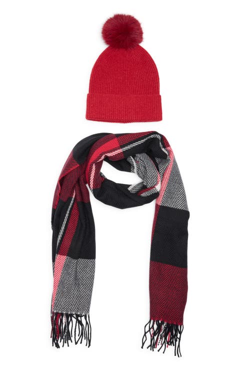 Plaid Wrap Scarf & Faux Fur Pompom Beanie Set