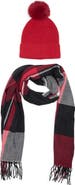 Vince Camuto Plaid Wrap Scarf & Faux Fur Pompom Beanie Set