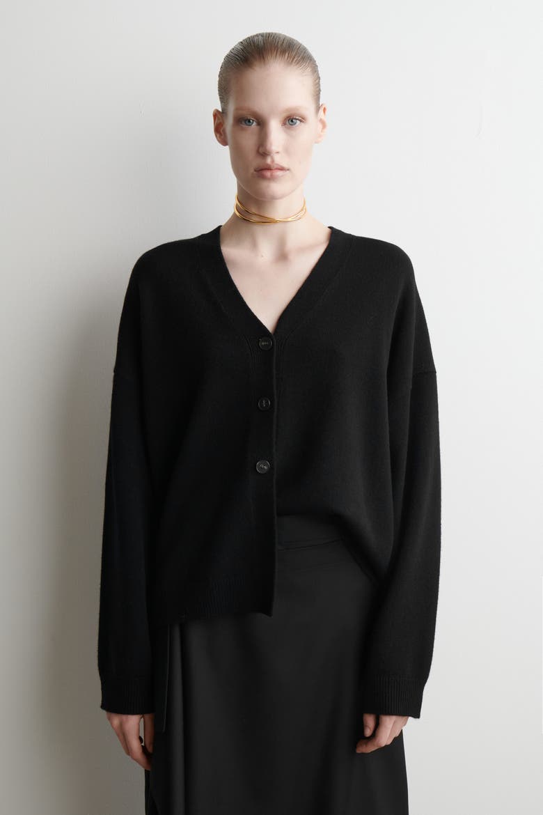 Cashmere Relaxed-Fit V-Neck Cardigan, Main, color, BLACK