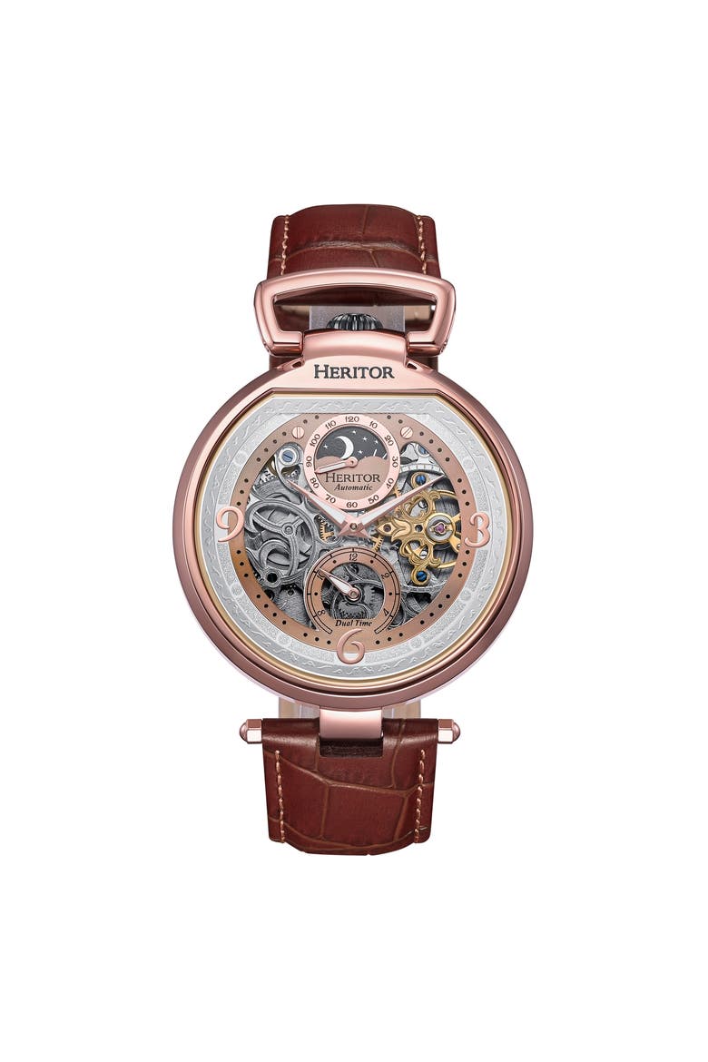 Lincoln Leather-Band Skeleton Watch with Moon Phase, Main, color, Brown
