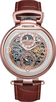 Heritor Automatic Lincoln Leather-Band Skeleton Watch with Moon Phase