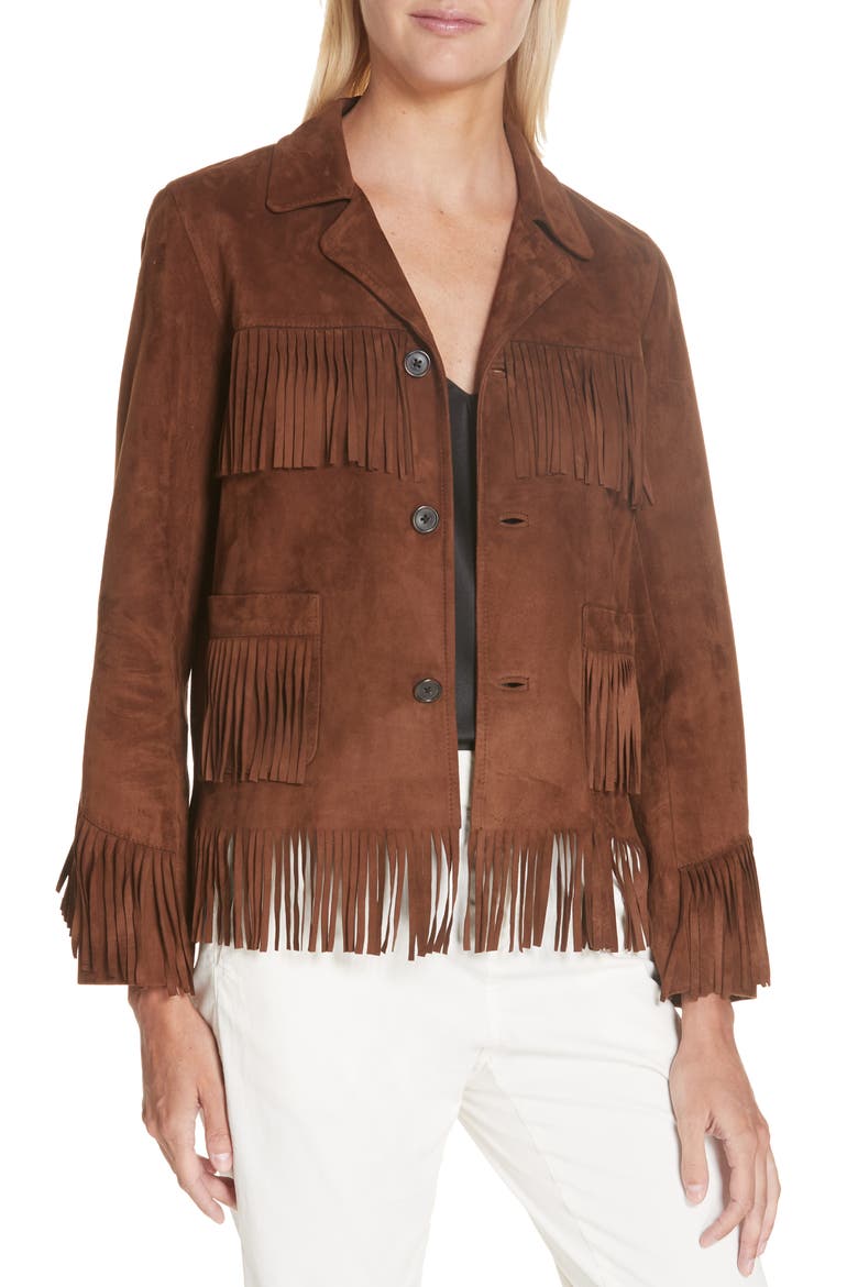 Frida Suede Fringe Jacket, Main, color, DARK COGNAC