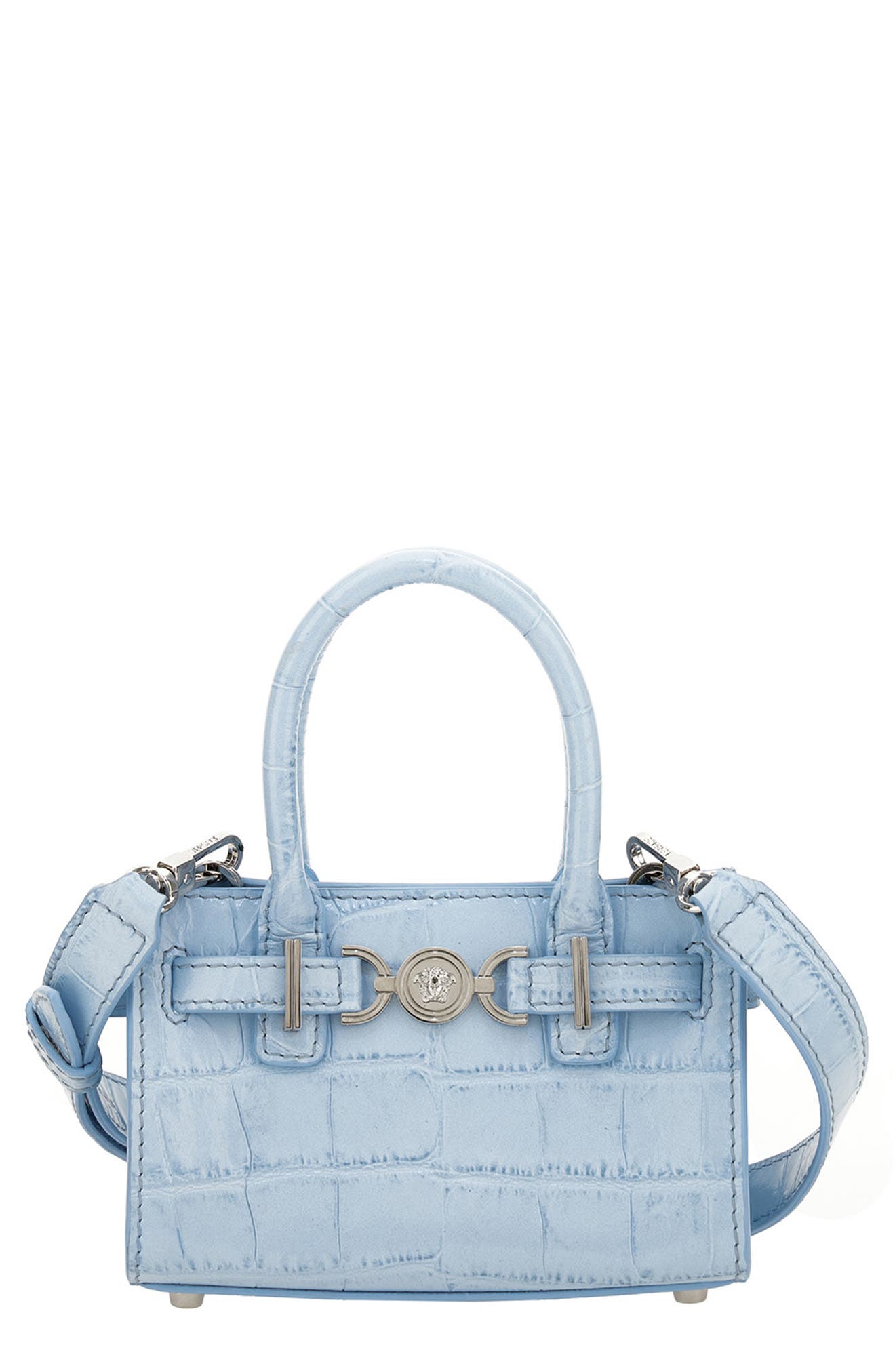 Medusa 95 Mini Croc Embossed Leather Tote, Main, color, PASTEL BLUE-PALLADIUM