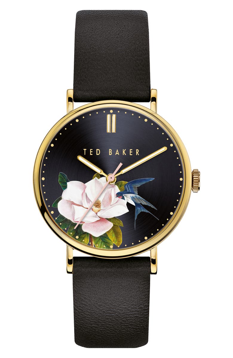 Ted Baker London Phylipa Flowers Leather Strap Watch, 37mm, Main, color, 