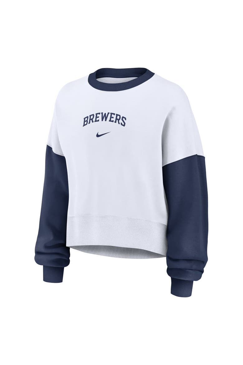 Women's Nike White/Navy Milwaukee Brewers Oversized High Hip Fleece Sweatshirt, Alternate, color, White