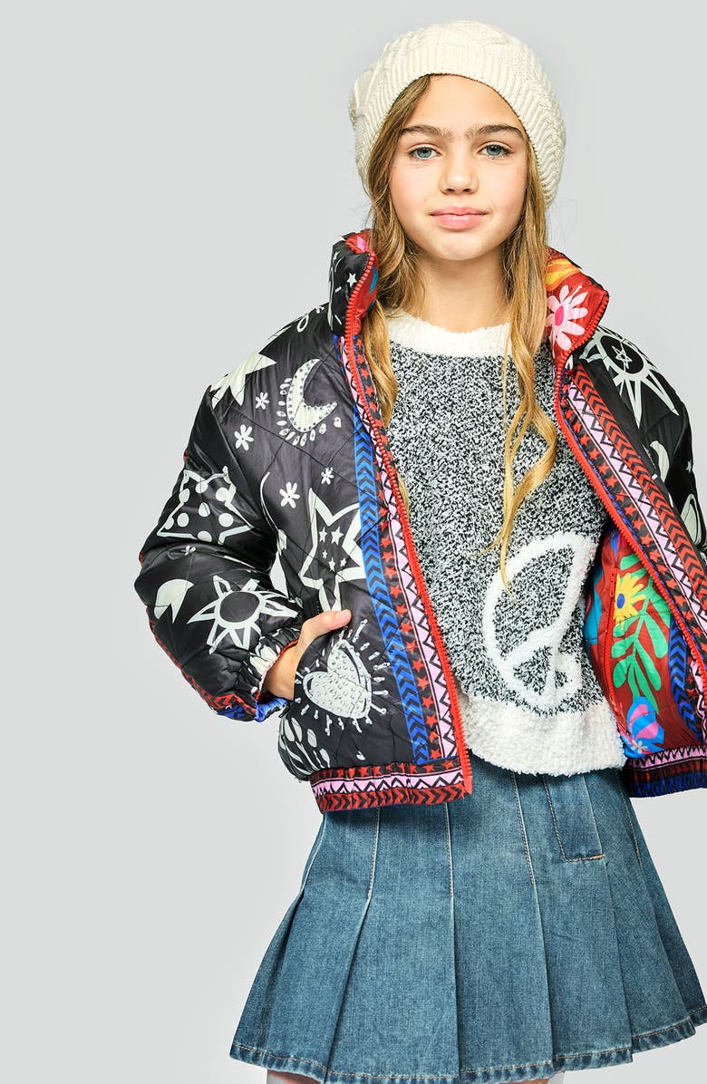 Truly Me Kids' Reversible Print Quilted Puffer Jacket, Alternate, color, Red Floral