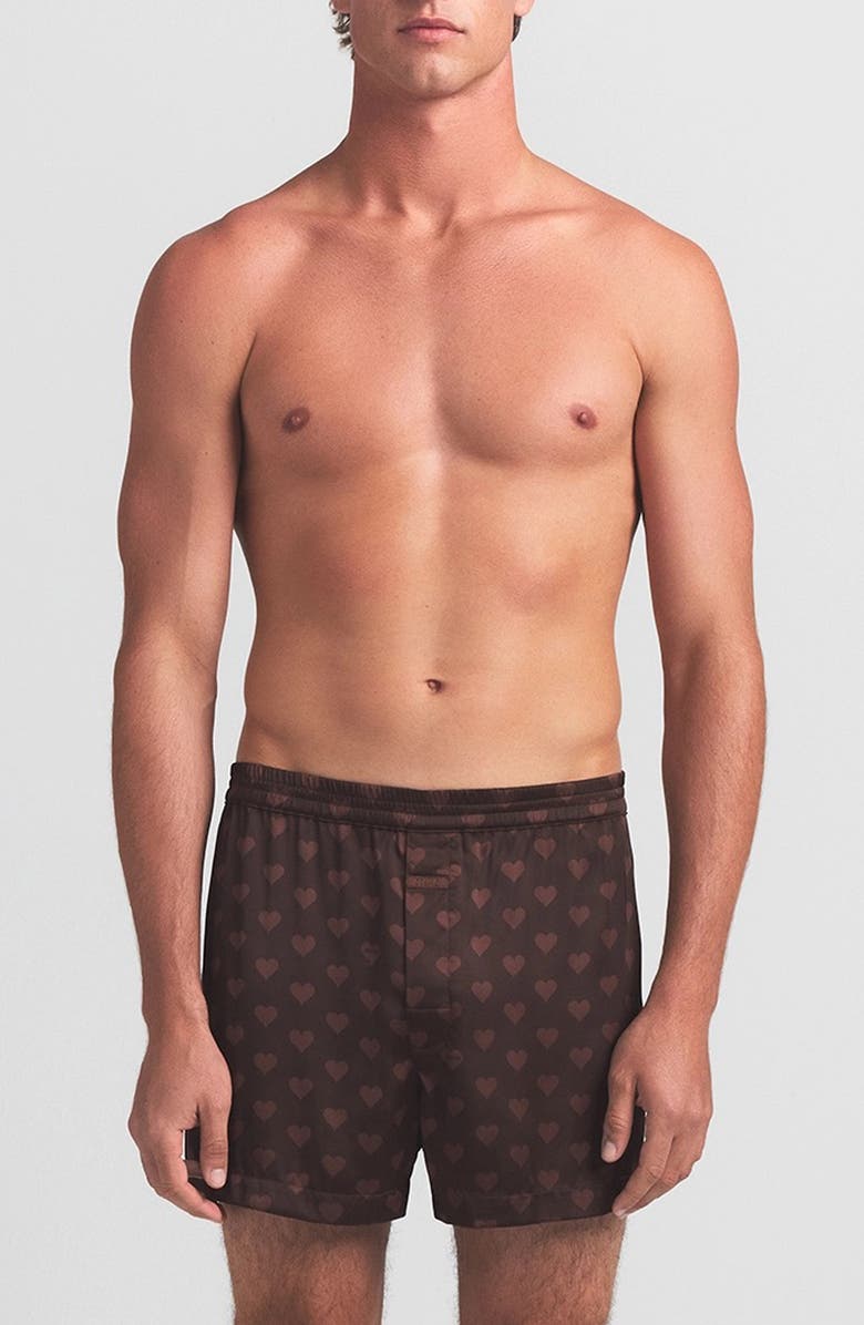 SKIMS Sleep Satin Boxers, Main, color, Cocoa Heart Halfdrop Print