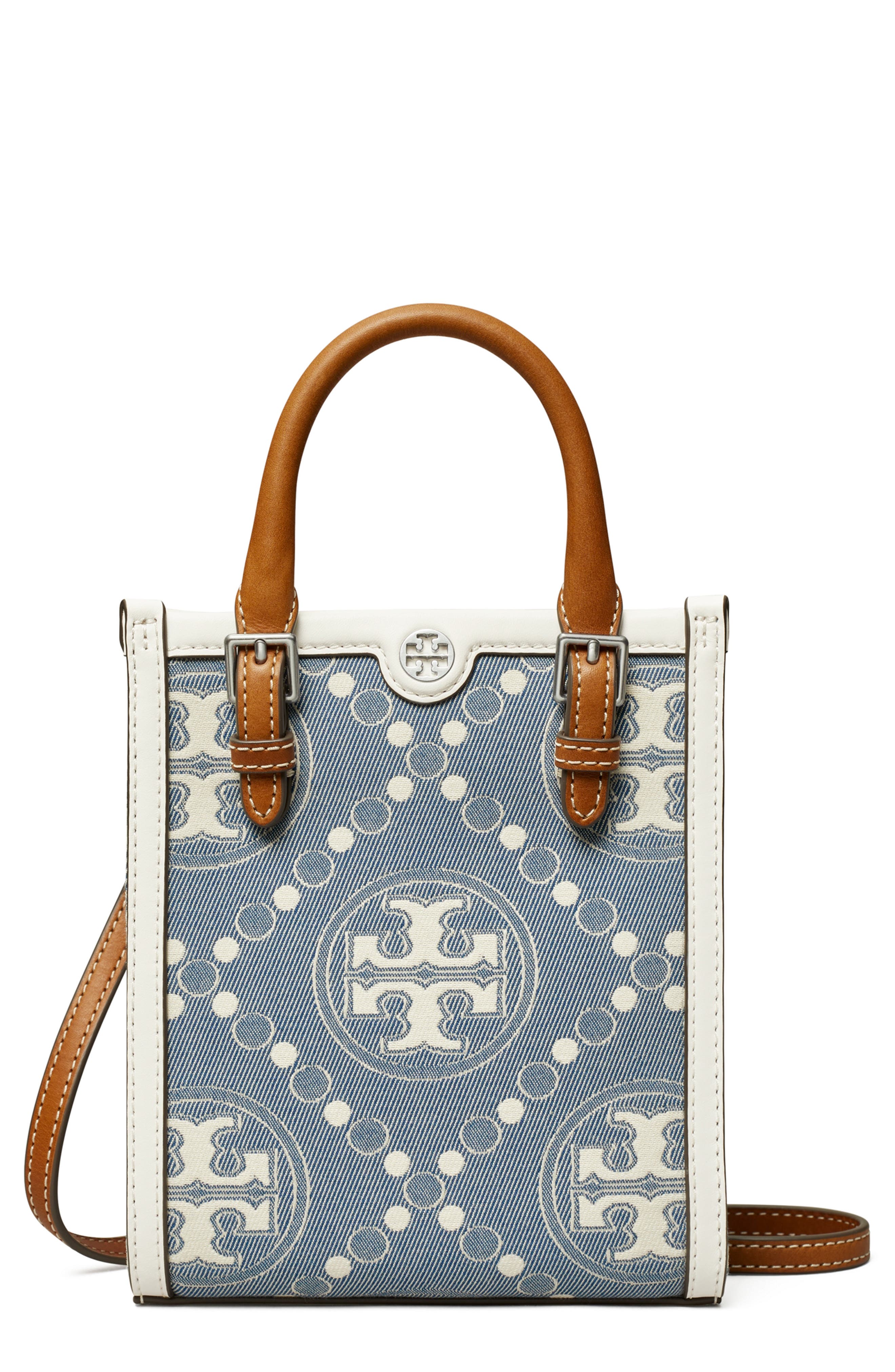 Tory Burch Mini T Monogram Denim Tote, Main, color, 