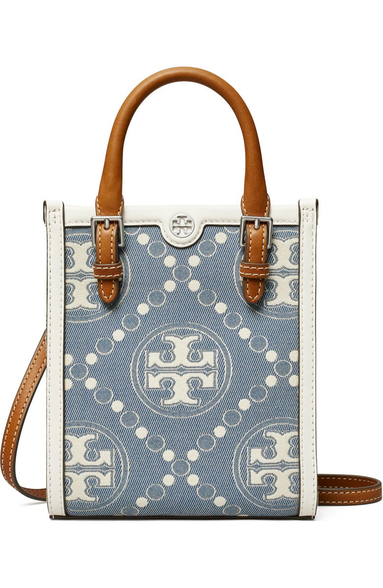 Tory Burch Mini T Monogram Denim Tote, Main, color,