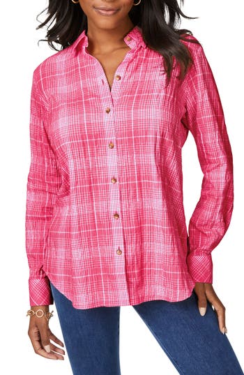 Foxcroft Cici Plaid Non-iron Button-up Tunic Shirt In Pure Pink
