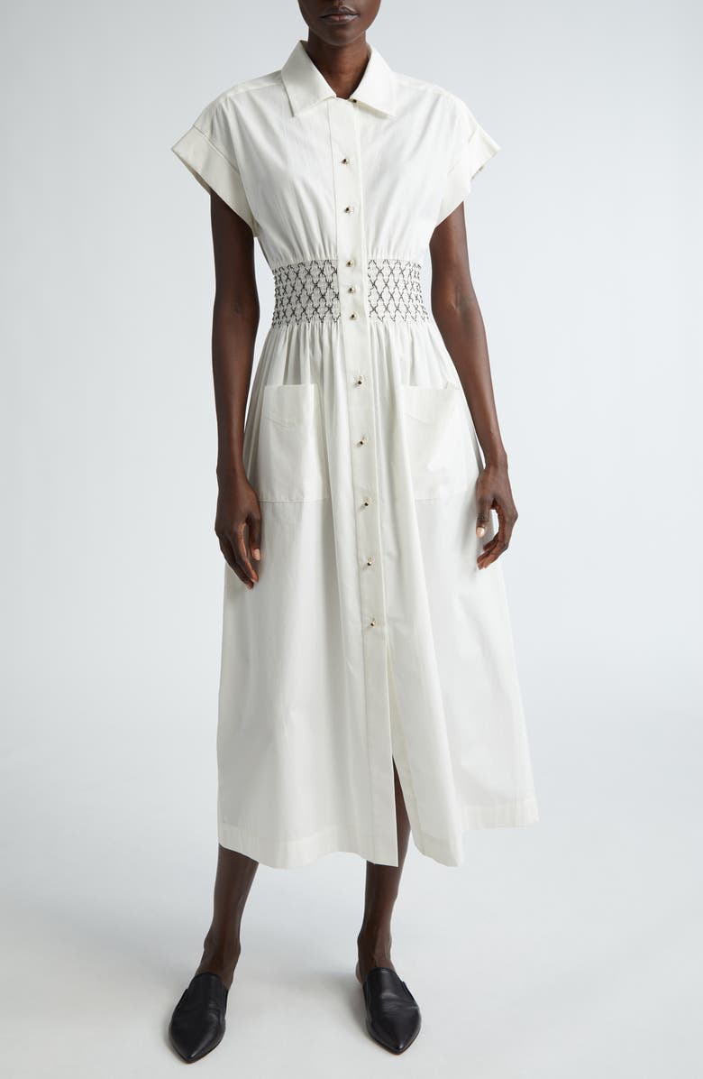 ST. JOHN Smocked Waist Poplin Midi Shirtdress, Main, color, 