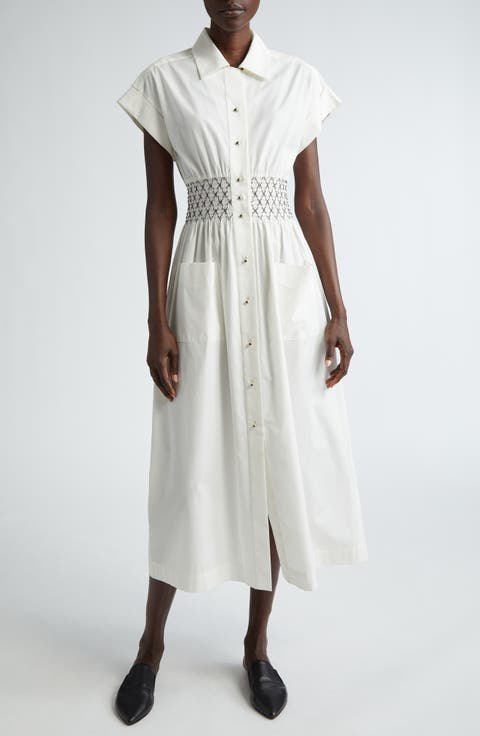 Smocked Waist Poplin Midi Shirtdress