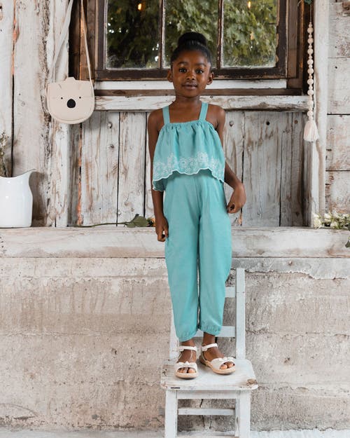 Deux Par Deux Baby Girl's Chambray Jumpsuit With Embroidery Light Blue In Light Blue