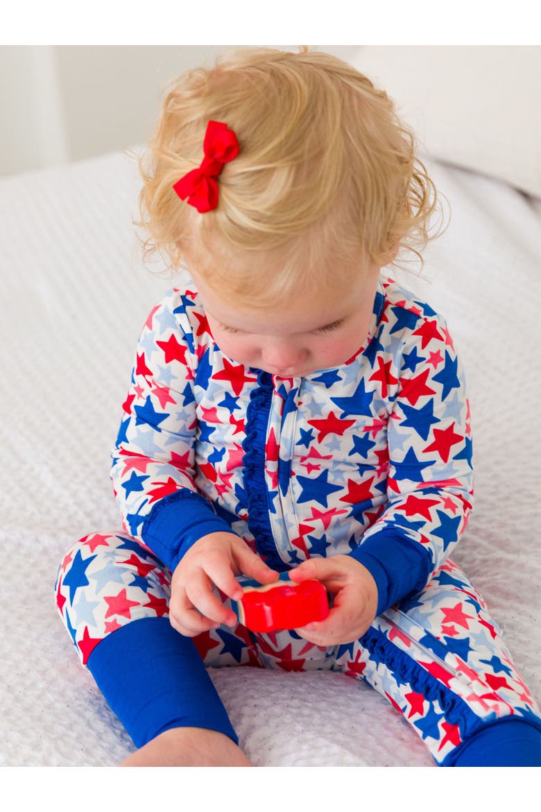 SoftSnooze Baby Girls Ruffle One Piece Convertible Pajamas, Alternate, color, Star-Spangled