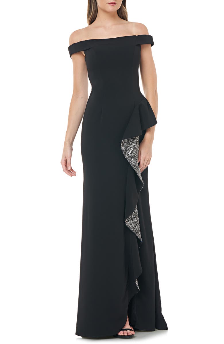 Carmen Marc Valvo Infusion Off the Shoulder Crepe Gown, Main, color,