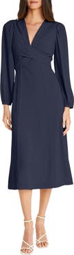 Maggy London Long Sleeve Tie Waist Midi Dress