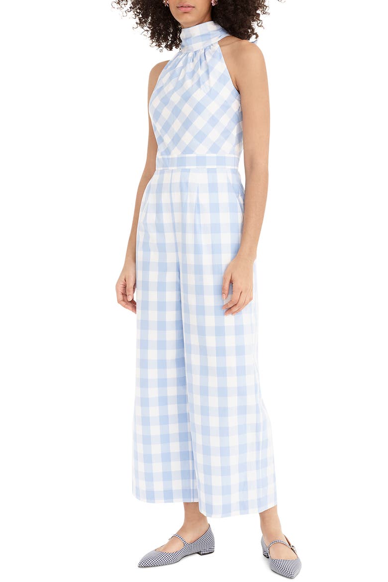 Gingham High Neck Cotton Poplin Jumpsuit, Main, color, GIANT GINGHAM SKY IVORY