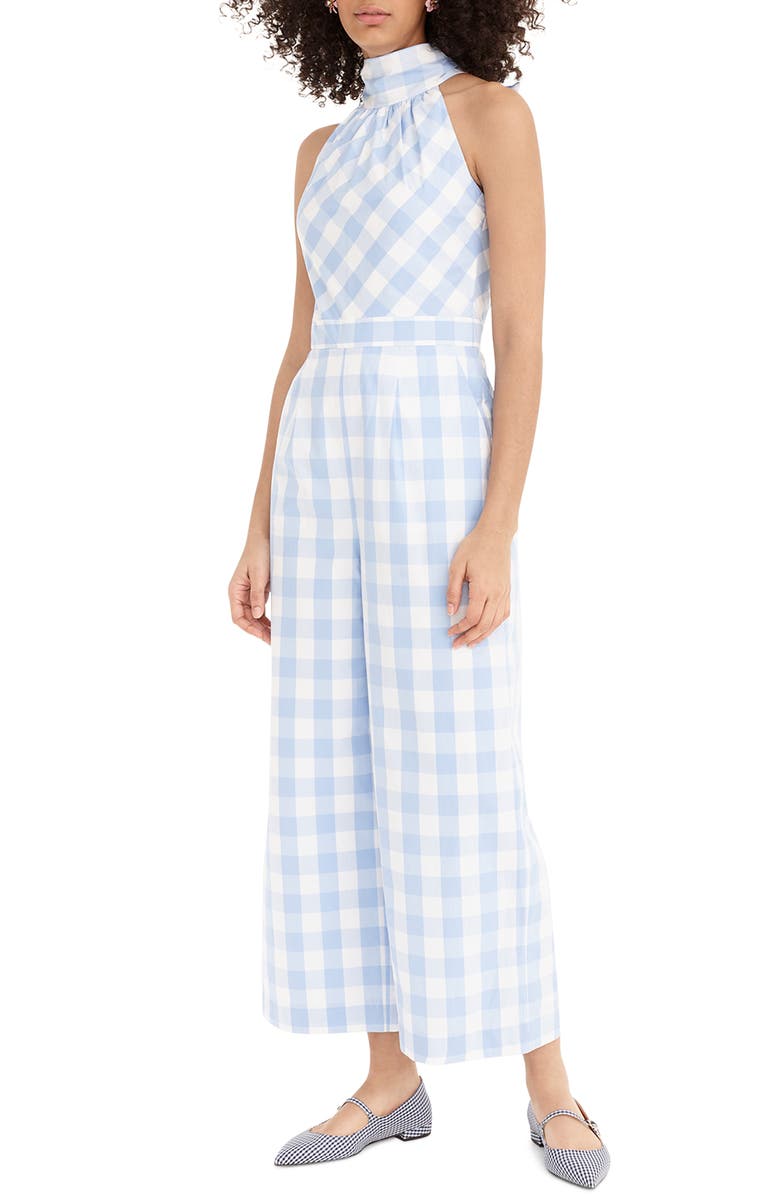 J.Crew Gingham High Neck Cotton Poplin Jumpsuit, Main, color, 