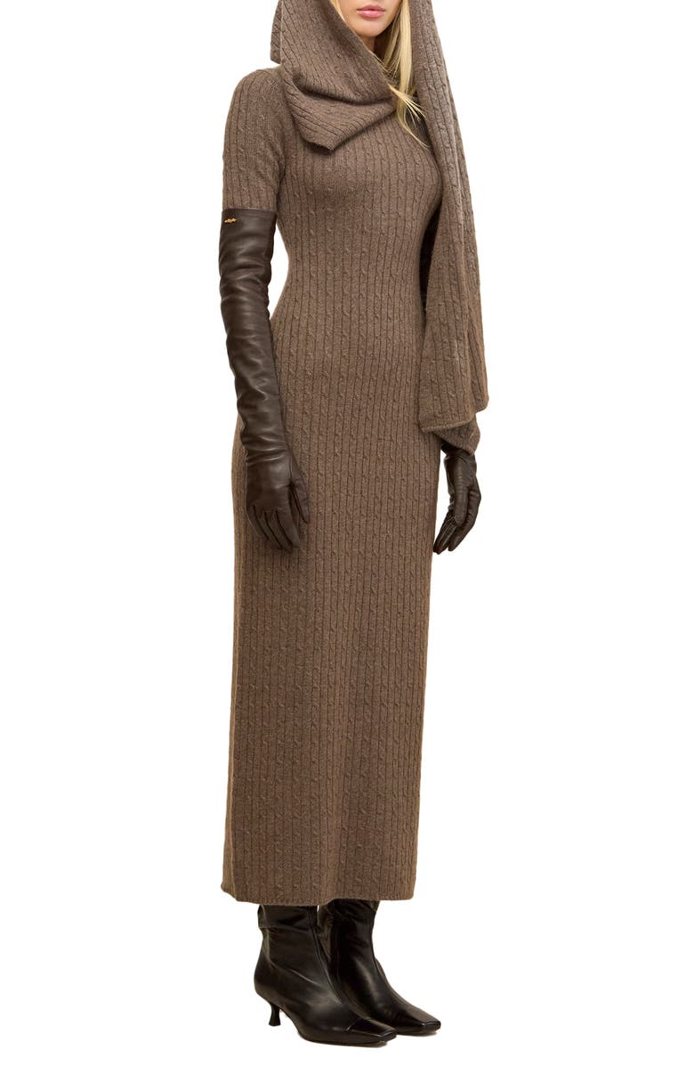 Cult Gaia Natacha Long Sleeve Wool & Cashmere Sweater Dress with Attached Scarf, Alternate, color, Otter