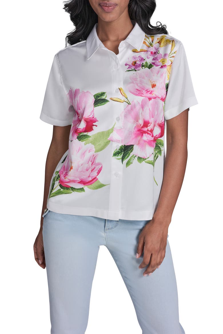 Floral Placement Crepe Button-Up Shirt, Main, color, SOFT WHITE MULTI