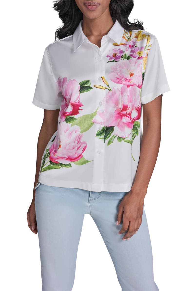 KARL LAGERFELD PARIS Floral Placement Crepe Button-Up Shirt, Main, color, 