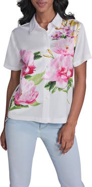 KARL LAGERFELD PARIS Floral Placement Crepe Button-Up Shirt