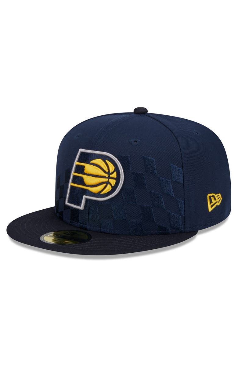 New Era Men's New Era Navy Indiana Pacers Rally Drive Checkerboard 59FIFTY Crown Fitted Hat, Alternate, color,