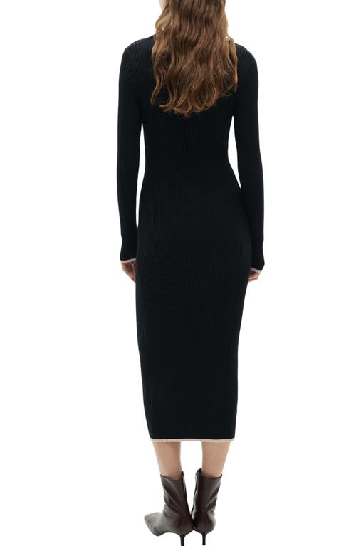 Shop Mango Tipped Long Sleeve Rib Midi Sweater Dress In Black