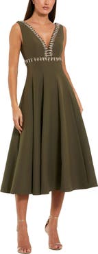 Mac Duggal Rhinestone Embellished Crepe A Line Midi Dress