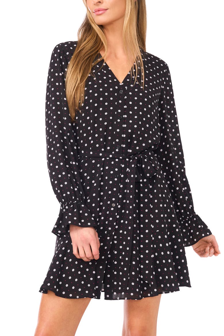 Flower Print Long Sleeve Shirtdress, Alternate, color, RICH BLACK