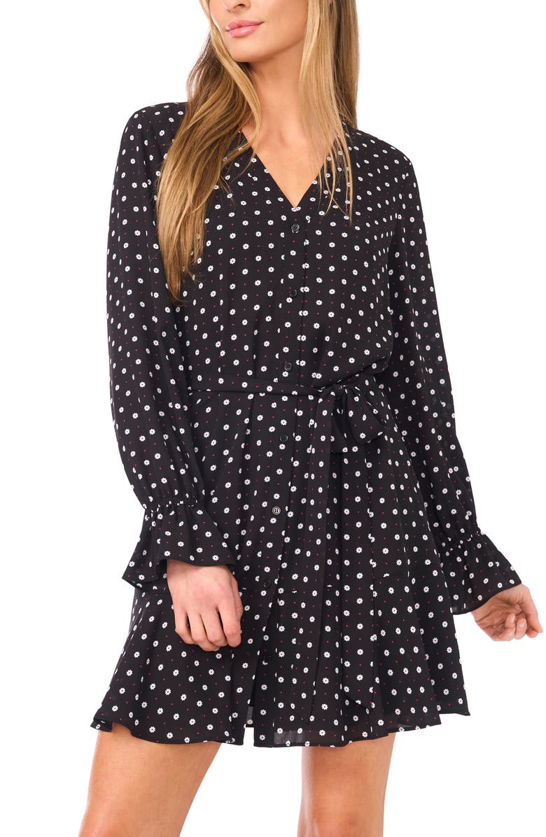CeCe Flower Print Long Sleeve Shirtdress, Alternate, color, Rich Black