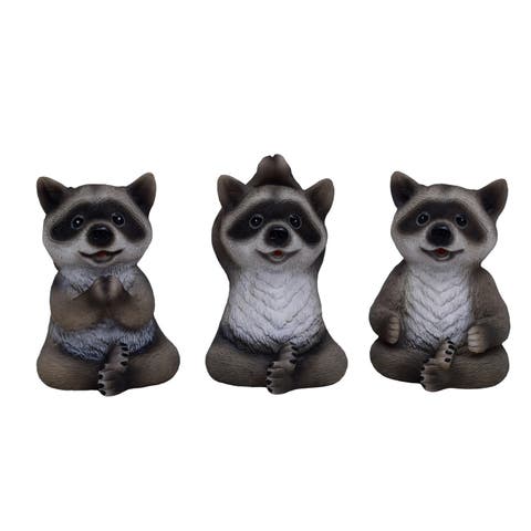 Resin Yoga Raccoon Figurines Set of 3 Grey and Black for Spring Home Decor
