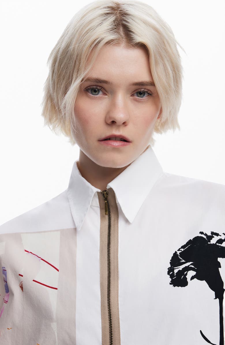 Desigual Relaxed Fit Zip Front Cotton Shirt, Alternate, color, 