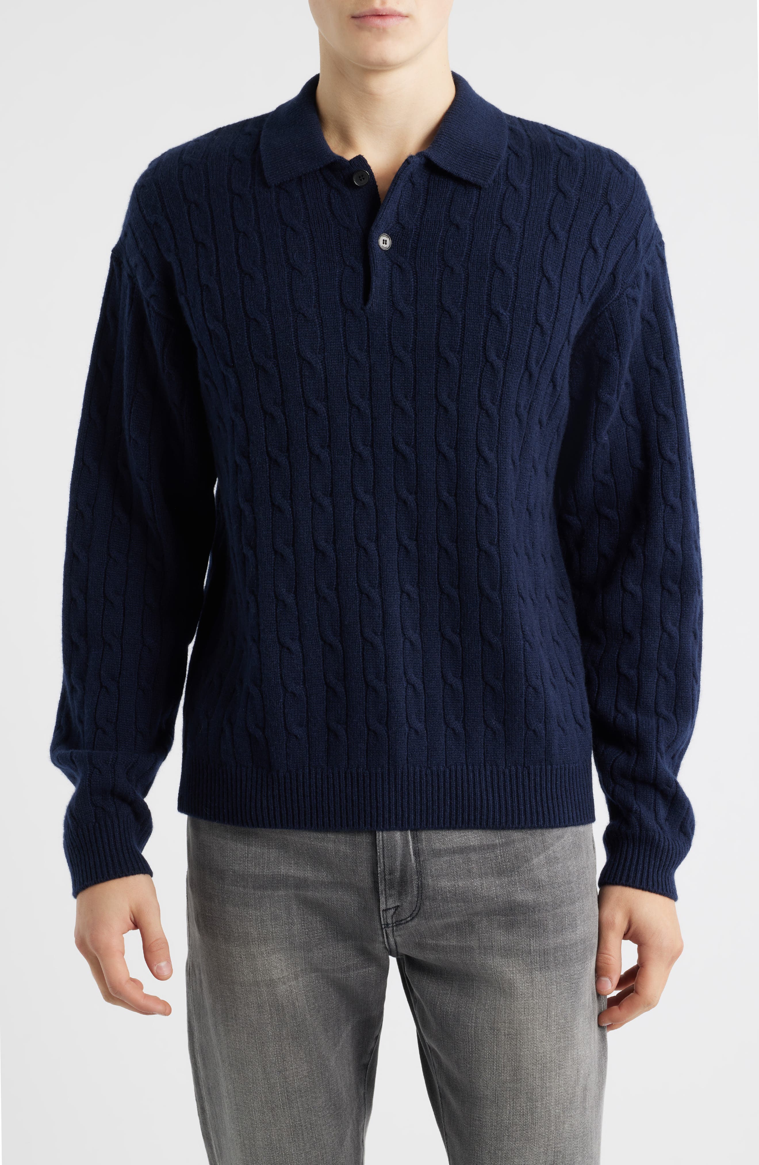 FRAME Cable Wool & Cashmere Polo Sweater
