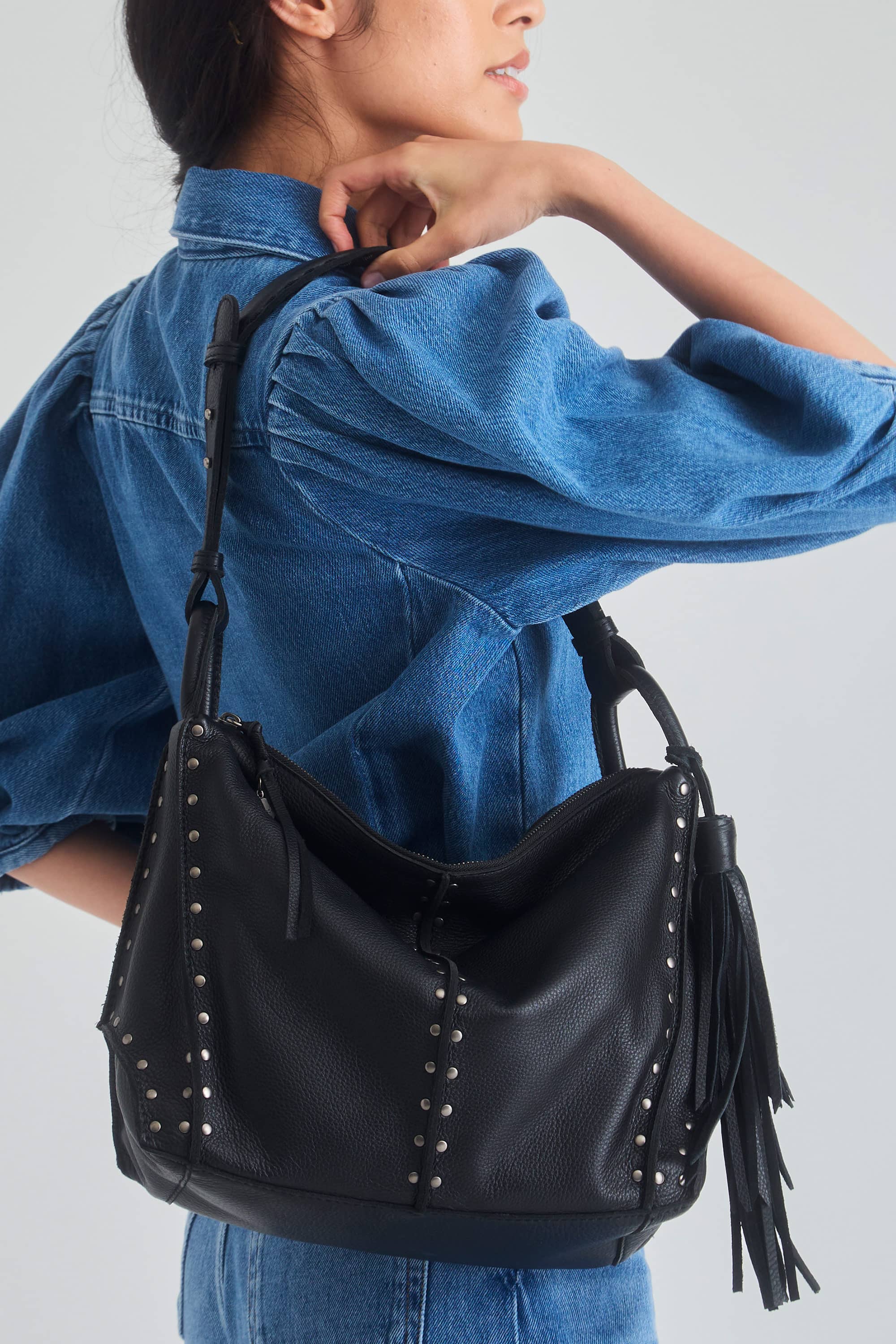 The Sak Los Feliz Hobo Leather Bag, Alternate, color, Black Silver Stud