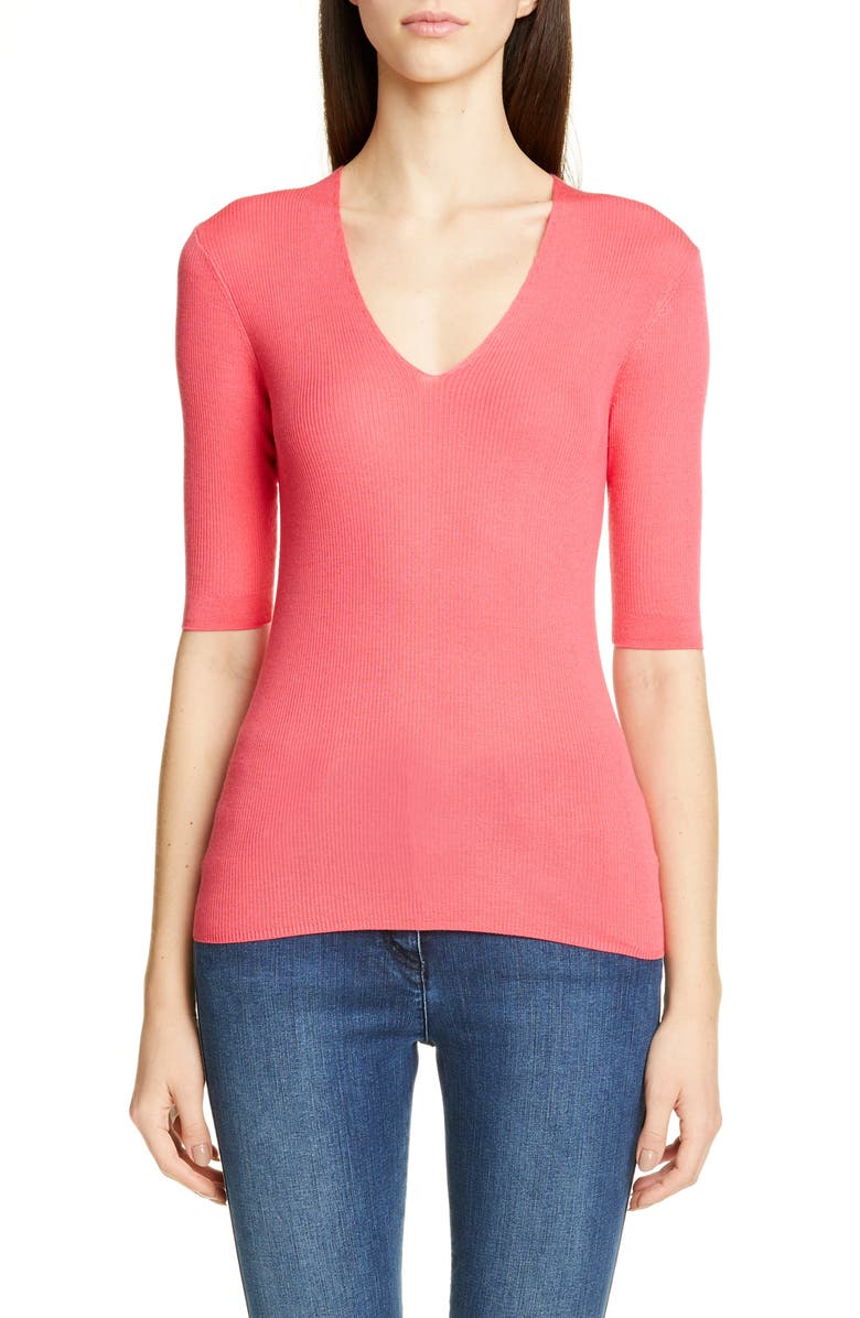 St. John Collection Fine Gauge Rib Wool & Silk Sweater, Main, color, Watermelon