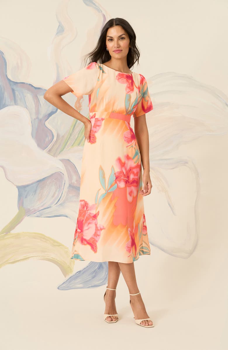 Maggy London Georgette Short Sleeve Midi Dress, Alternate, color, Cream/ Hot Coral