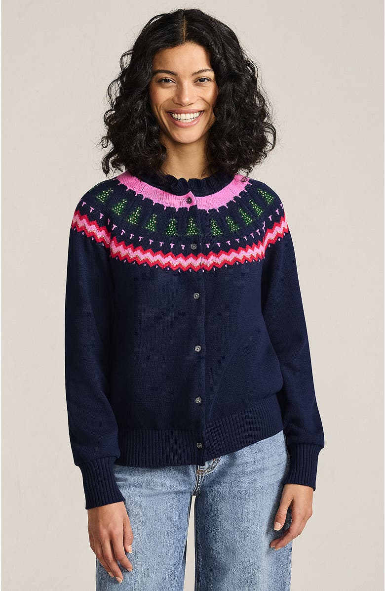 Lands' End Drifter Lurex Ruffle Neck Jacquard Cardigan Sweater, Main, color, Christmas Trees/Navy