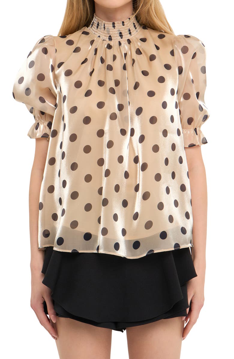 English Factory Polka Dot Puff Sleeve Satin Top, Alternate, color, Beige/ Black