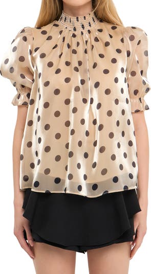 Polka Dot Puff Sleeve Satin Top