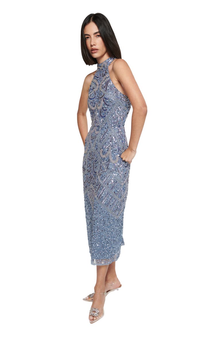 Occasion Embellished Sequin Beaded Halter Neck Evening Midi Dress, Alternate, color, POWDER BLUE