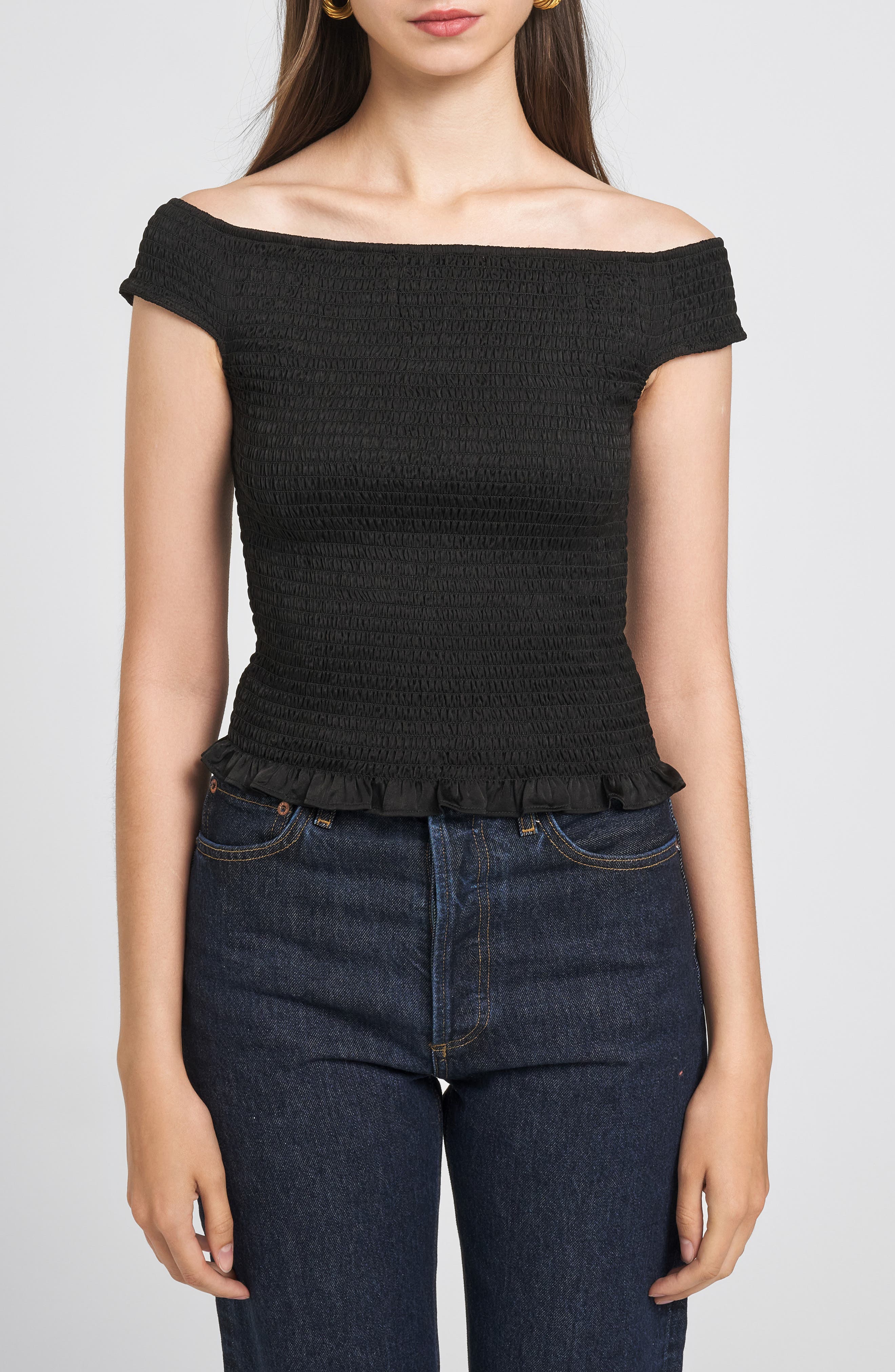 black off the shoulder smocked top