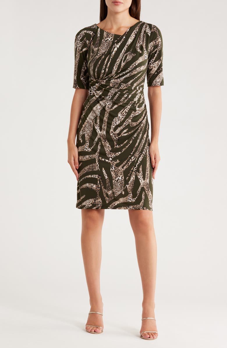 Connected Apparel Elbow Length Sleeve Faux Wrap Dress, Main, color, Olive