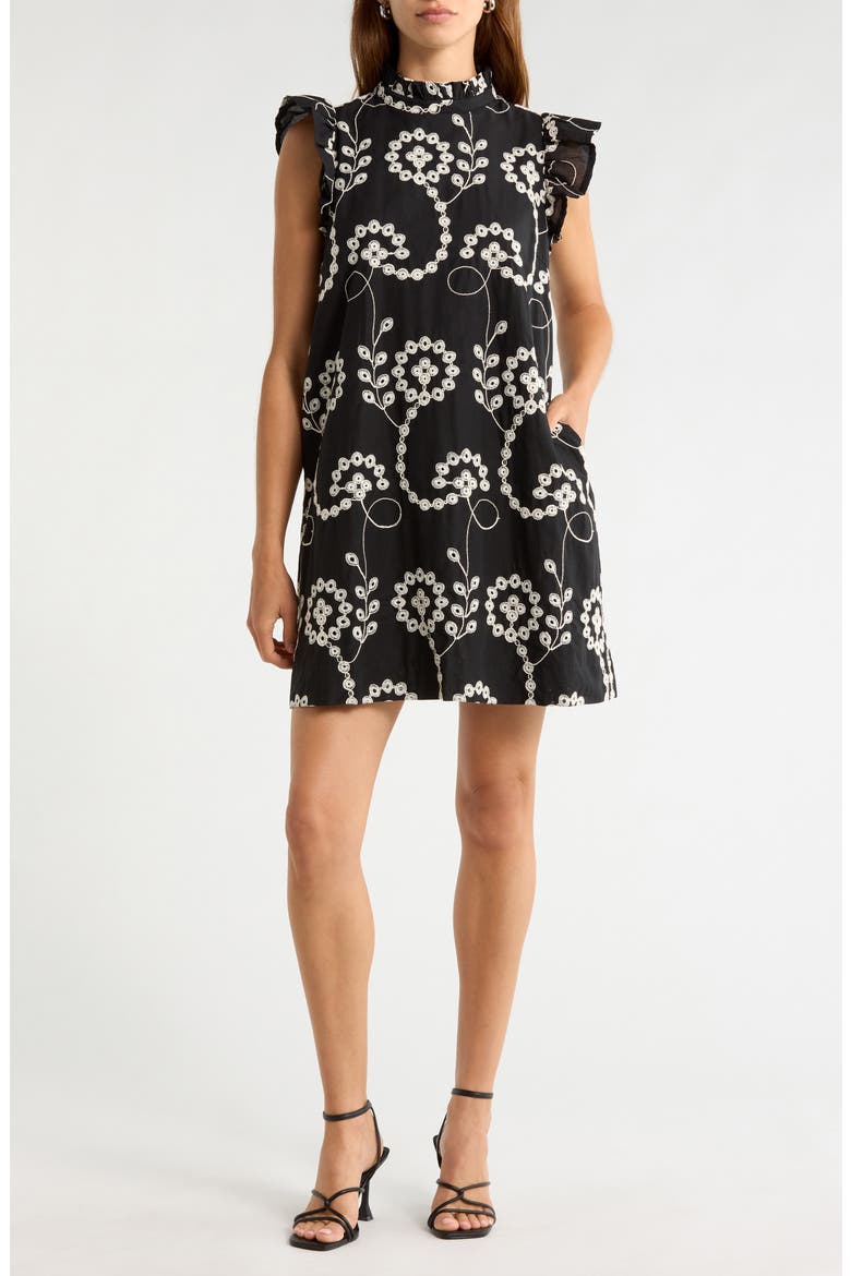 Rindy Eyelet Shift Minidress, Main, color, BLACK-WHITE